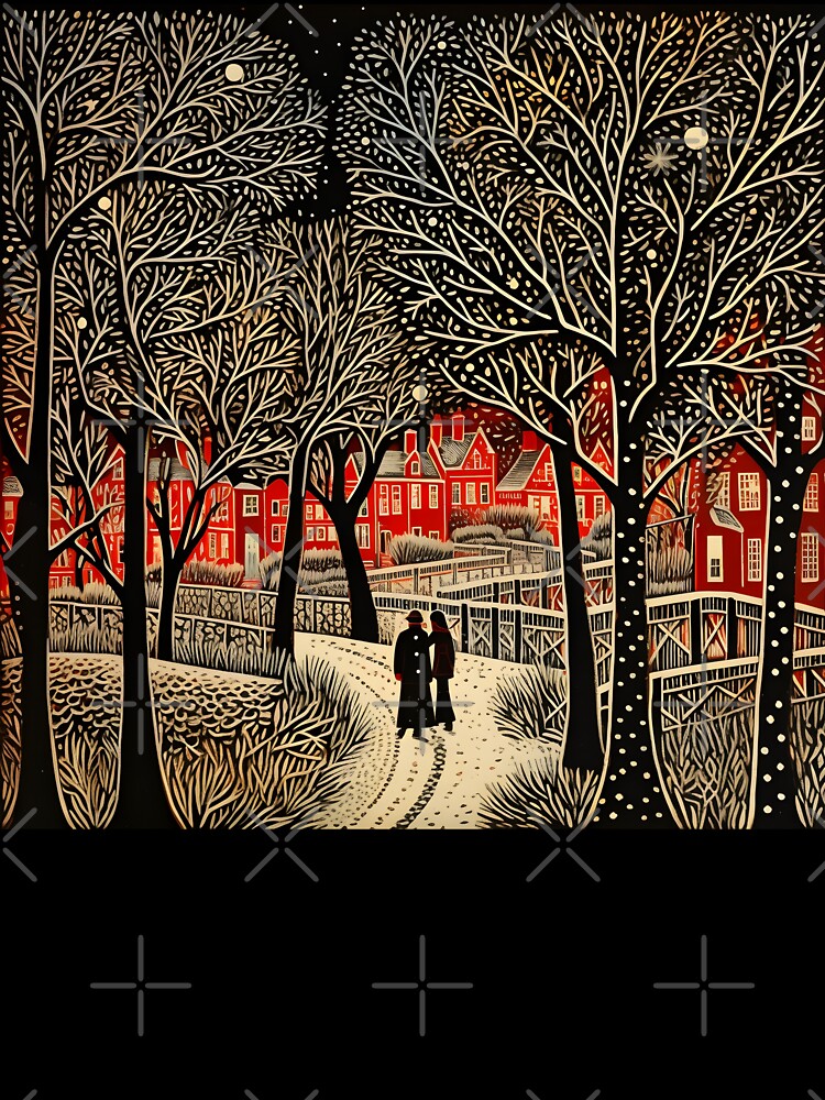 christmas holiday linocut landscape print by dcrc