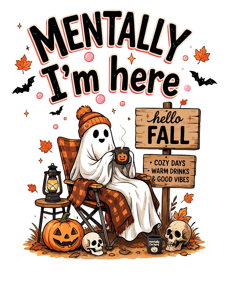 Mentally I'm Here Ghost Fall Halloween Shirt | Cozy Autumn Vibes Cute Ghost Drinking Coffee by Snifferius