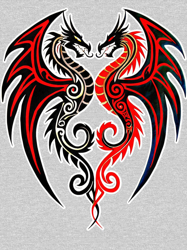 Tribal Twin Dragons – Black & Red Symmetric Heart Art by VikArtStudio