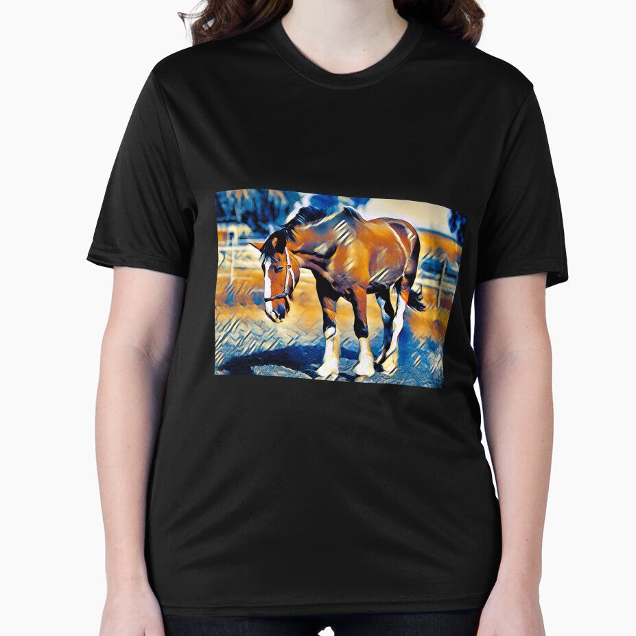 Brown shire horse outside – digital painting with dark blue and light brown color palette by NickoPrints