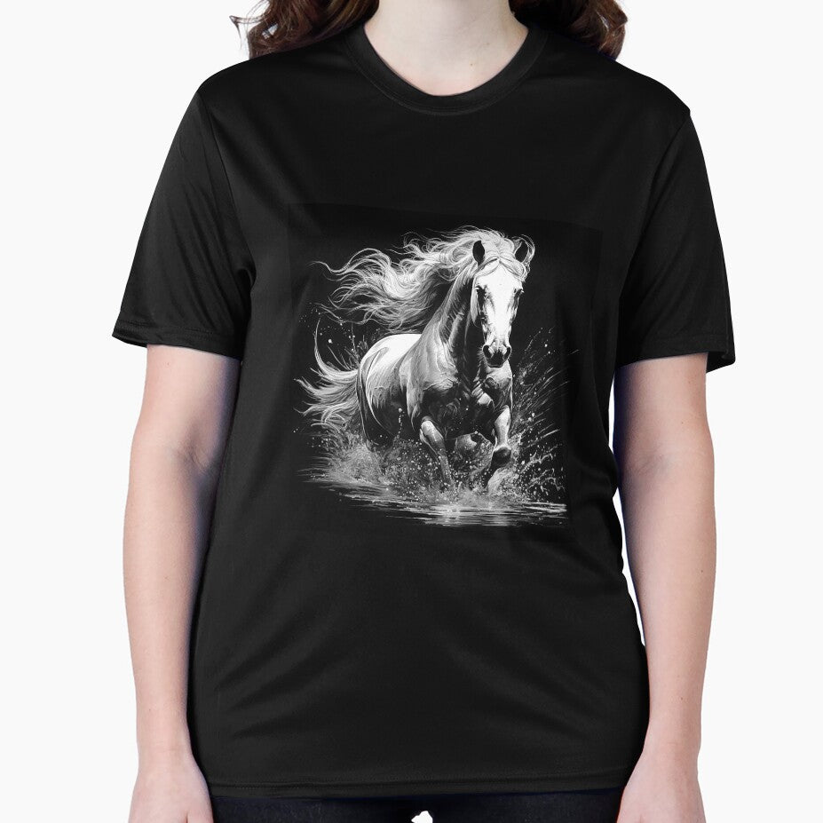 White Horse Running Through Water – Black and White Equestrian Art by inkoutninja