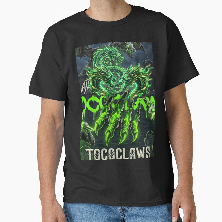 Three fierce, glowing neon green dragons soaring above massive, shredded claw marks. by TOCOCLAWS