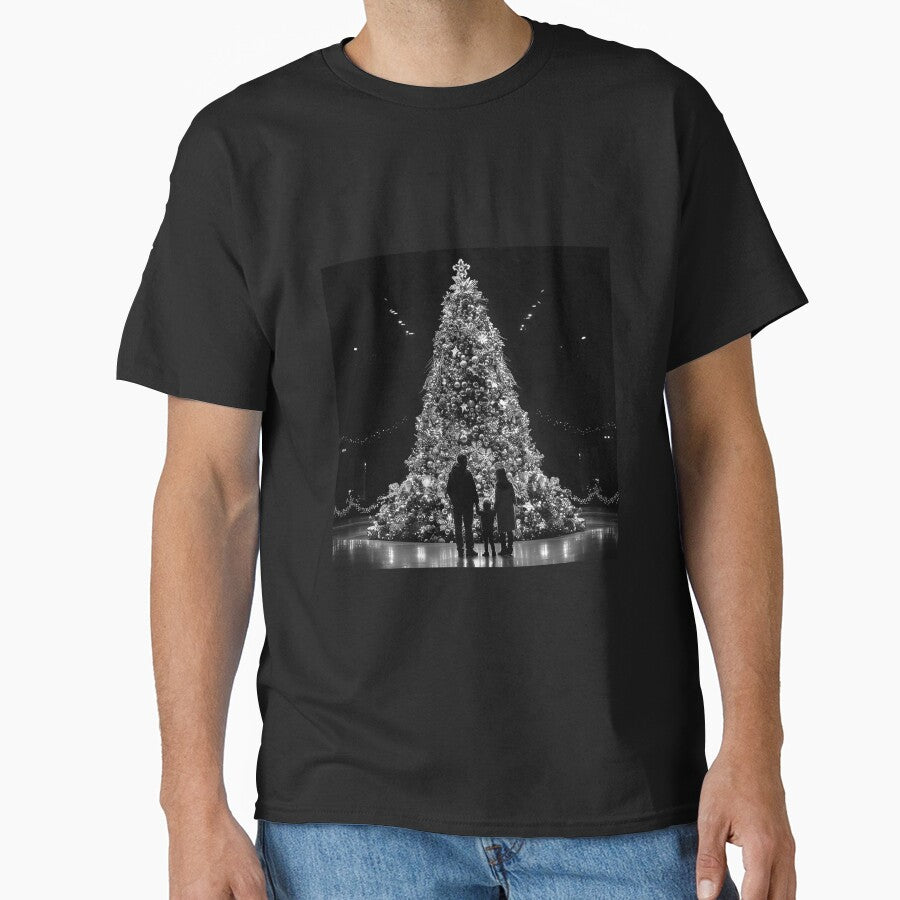 Family Admiring a Giant Christmas Tree – Black and White Holiday Art by inkoutninja