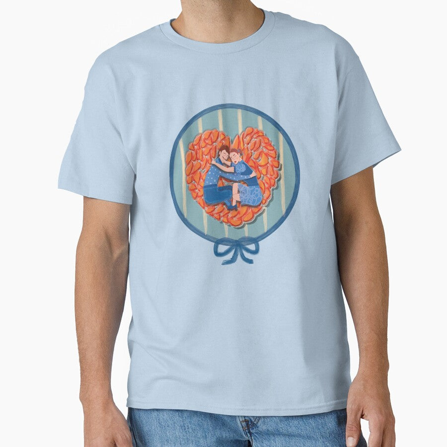 Mid-century pattern of a couple embracing on an orange rice cake, with blue watercolor details by WONDERPRINTVALLEY