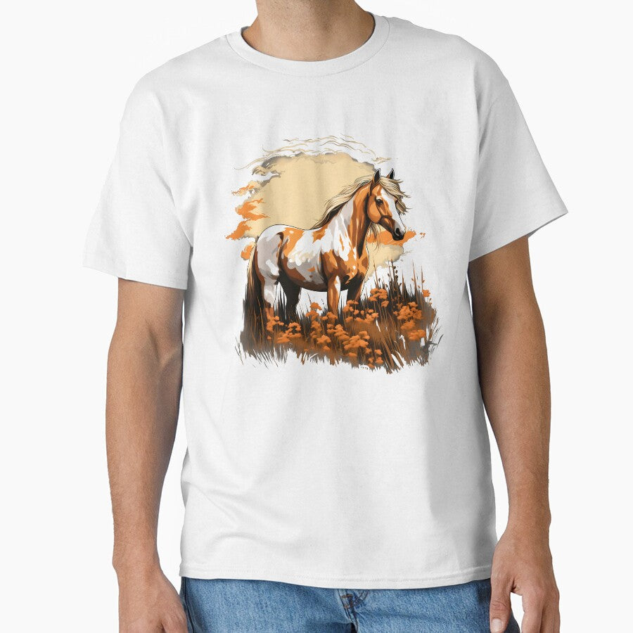 Beautiful brown and white arabian horse grazing on a country meadow illustration by NBSStore