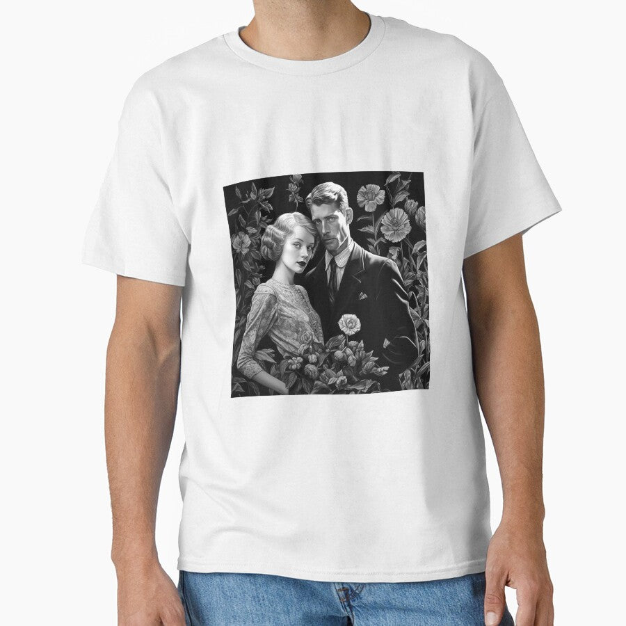 Vintage Gothic Couple Portrait with Floral Black and White Art by inkoutninja