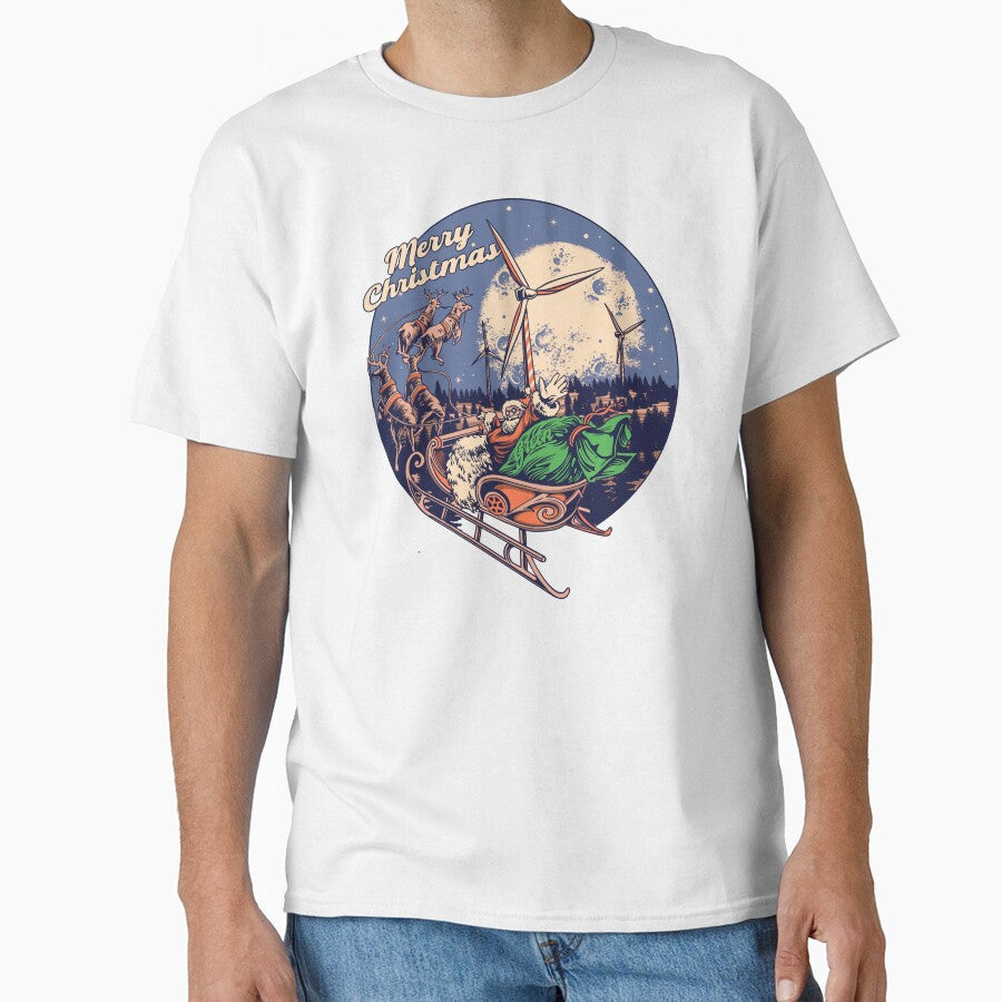 Merry Christmas Santa Sleigh Wind Turbine Retro Vintage Christmas Vector by phsycartwork