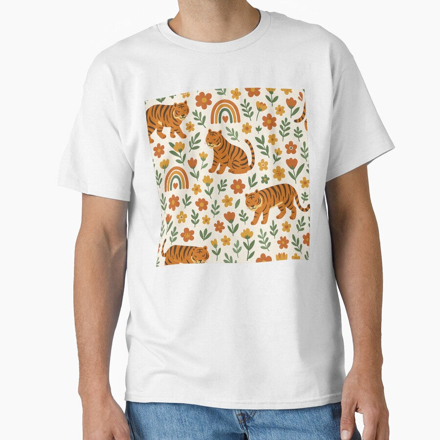 Tiger Love – Cute Tigers, Rainbows & Flowers | Folk Art Seamless Pattern by BloomOfDesign