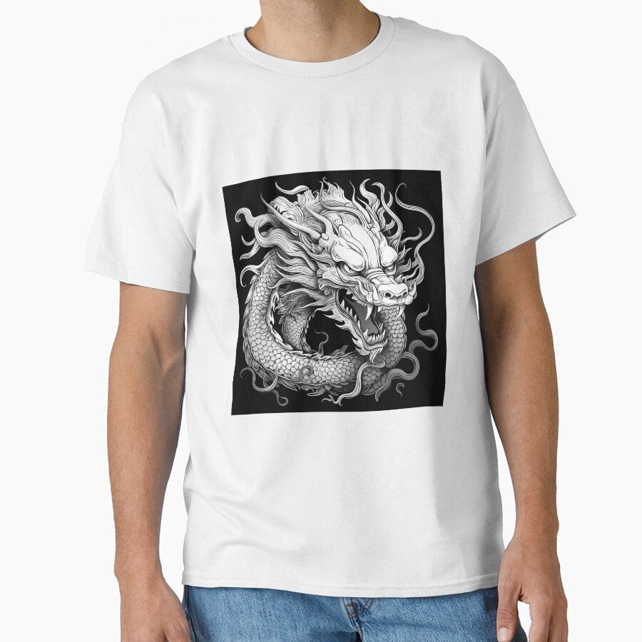 Japanese Dragon Black and White Tattoo Style Fantasy Illustration by inkoutninja