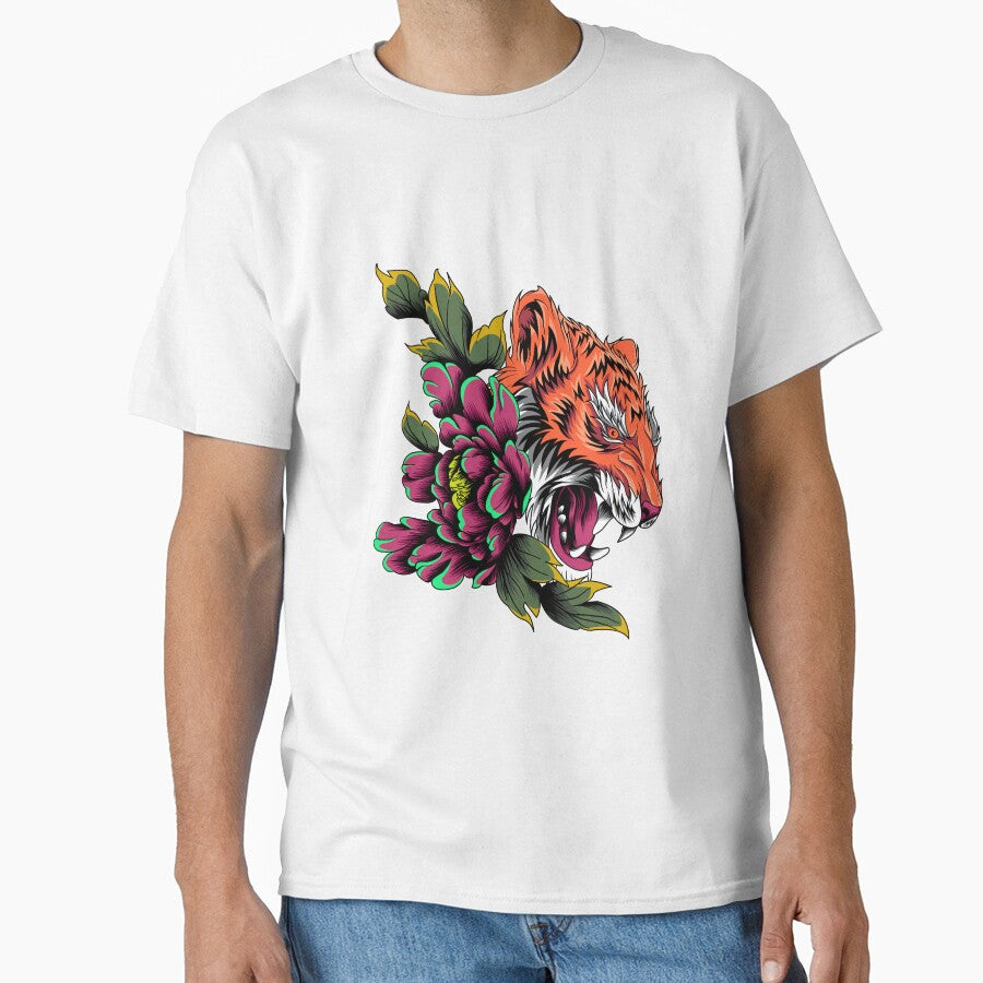 Fierce Tiger Head With Roses by AchraffPrint