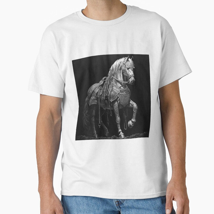 Armored War Horse – Black and White Medieval Fantasy Equestrian Art by inkoutninja