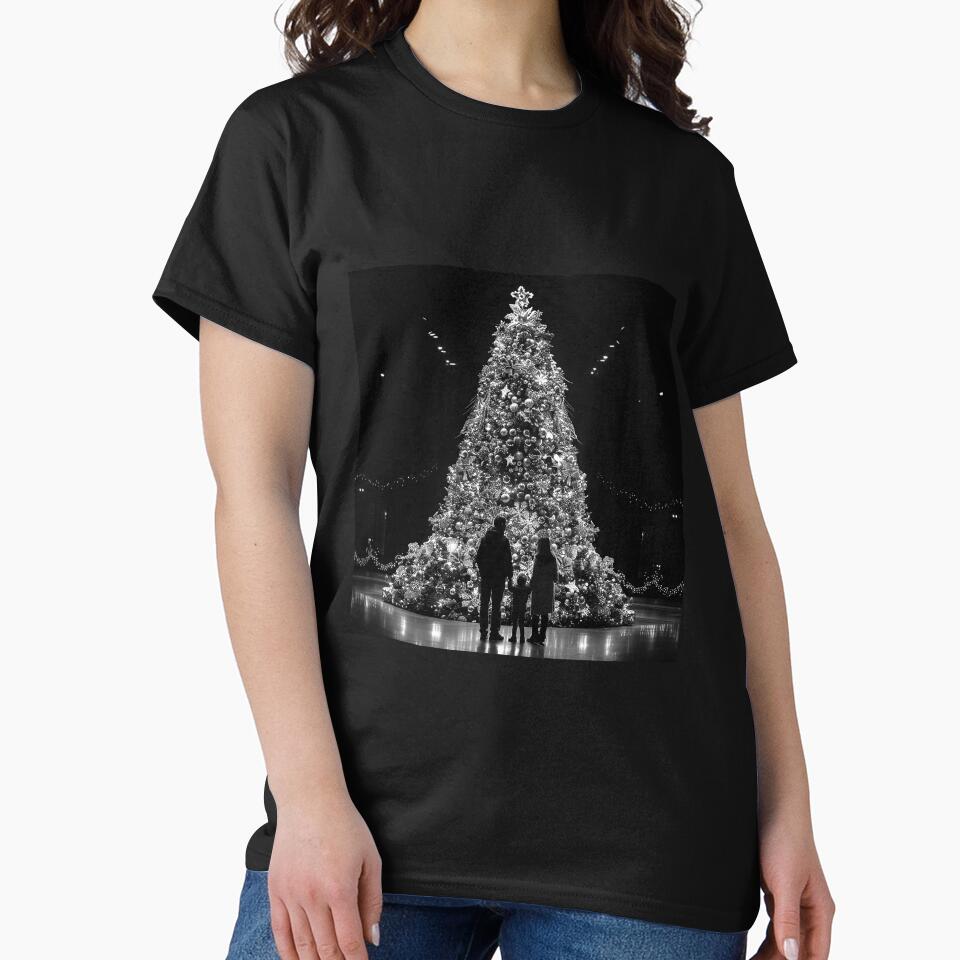 Family Admiring a Giant Christmas Tree – Black and White Holiday Art by inkoutninja