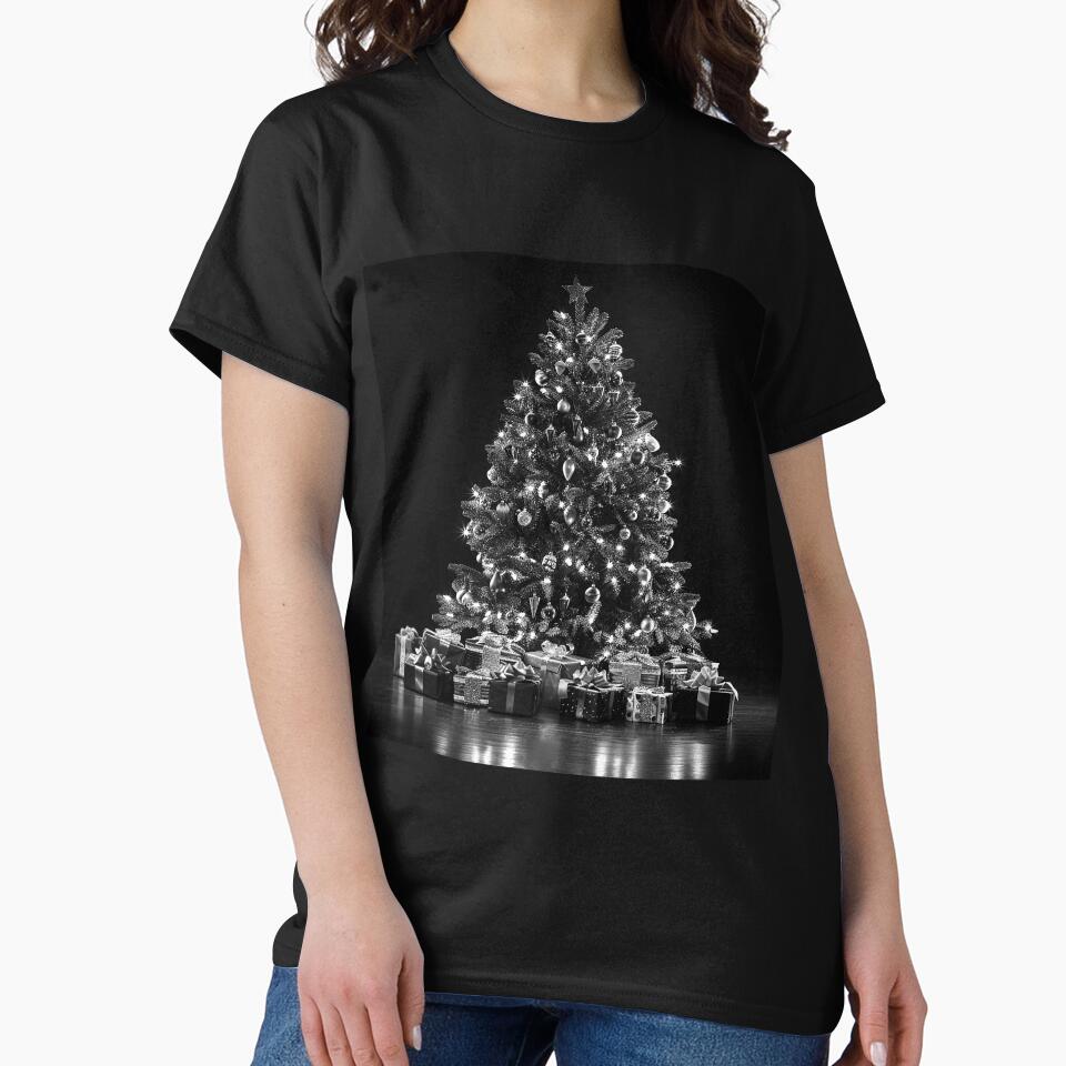 Black and White Christmas Tree with Gifts Elegant Holiday Photography by inkoutninja