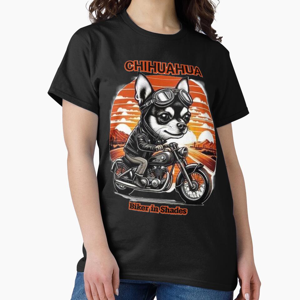 Chihuahua Biker in Shades  Vintage Motorcycle Sunset Illustration by Iuqiune