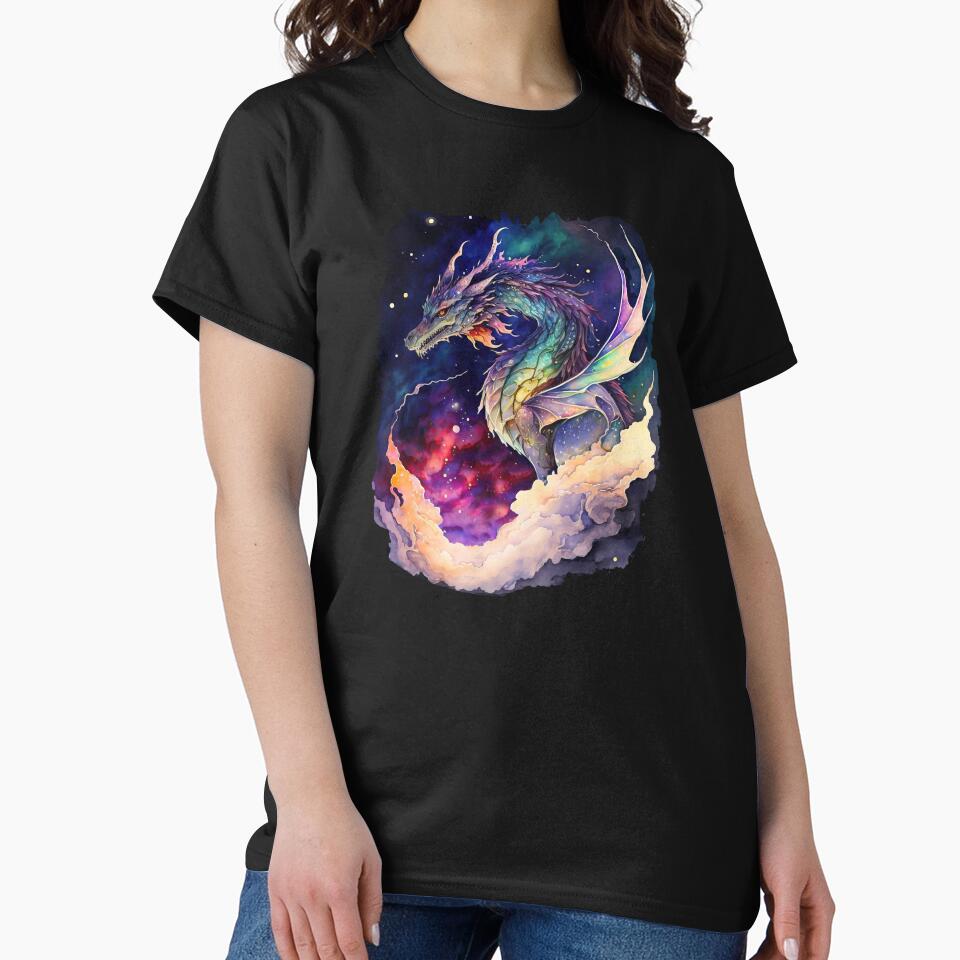 Colorful Starry Dragon in the Deep Space, Nebula Background, Rainbow Dragon by MoonFoxDesign
