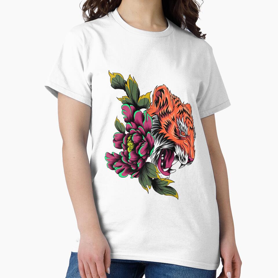 Fierce Tiger Head With Roses by AchraffPrint