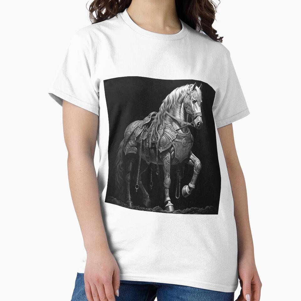 Armored War Horse – Black and White Medieval Fantasy Equestrian Art by inkoutninja