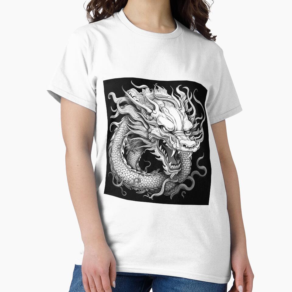 Japanese Dragon Black and White Tattoo Style Fantasy Illustration by inkoutninja