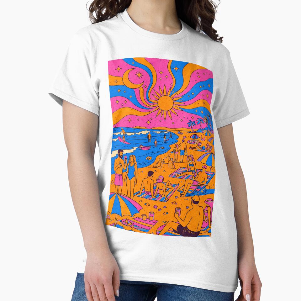Busy Psychedelic Beach Scene – Retro Summer Crowd Illustration by DrizzyV
