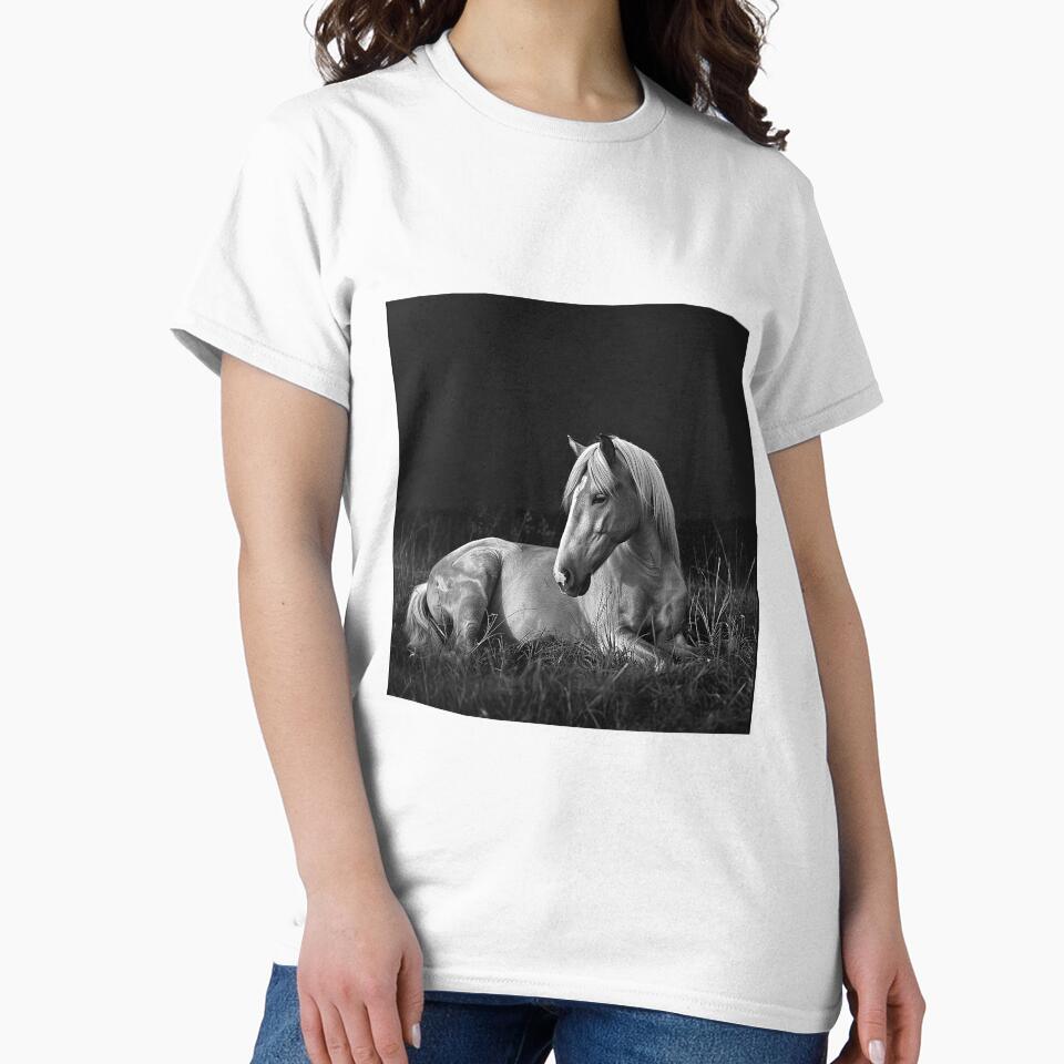 Resting White Horse Black and White Equine Portrait by inkoutninja