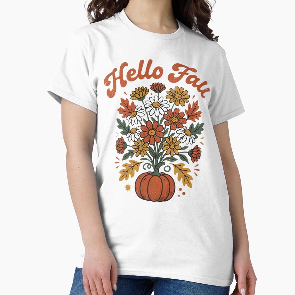 Hello Fall Retro Vintage Wildflower Pumpkin Autumn Shirt by Fanous