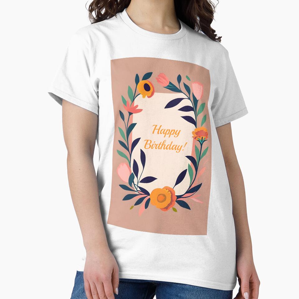 Wish Happy Birthday with a beige neutral elegant floral framed message by EmeraldeaArt