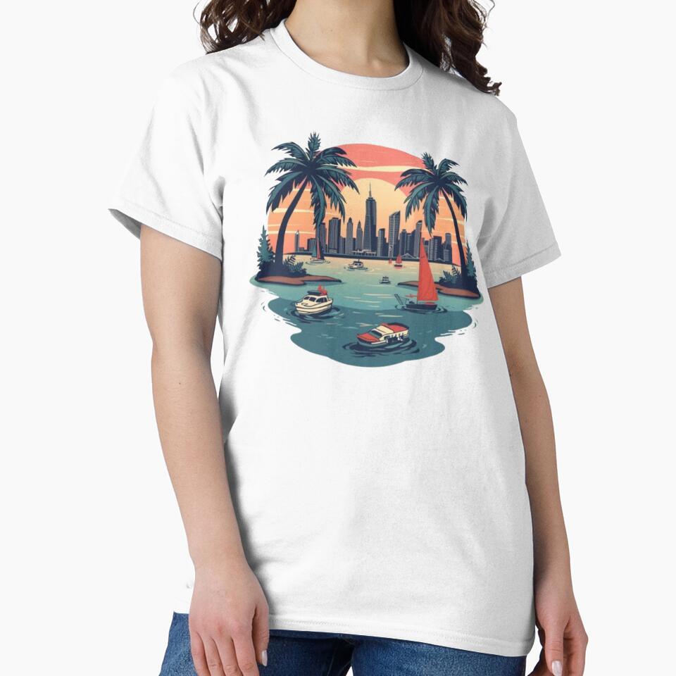 Tropical Vacation City Sunset with Palm Trees & Boats by KomalArtStudio