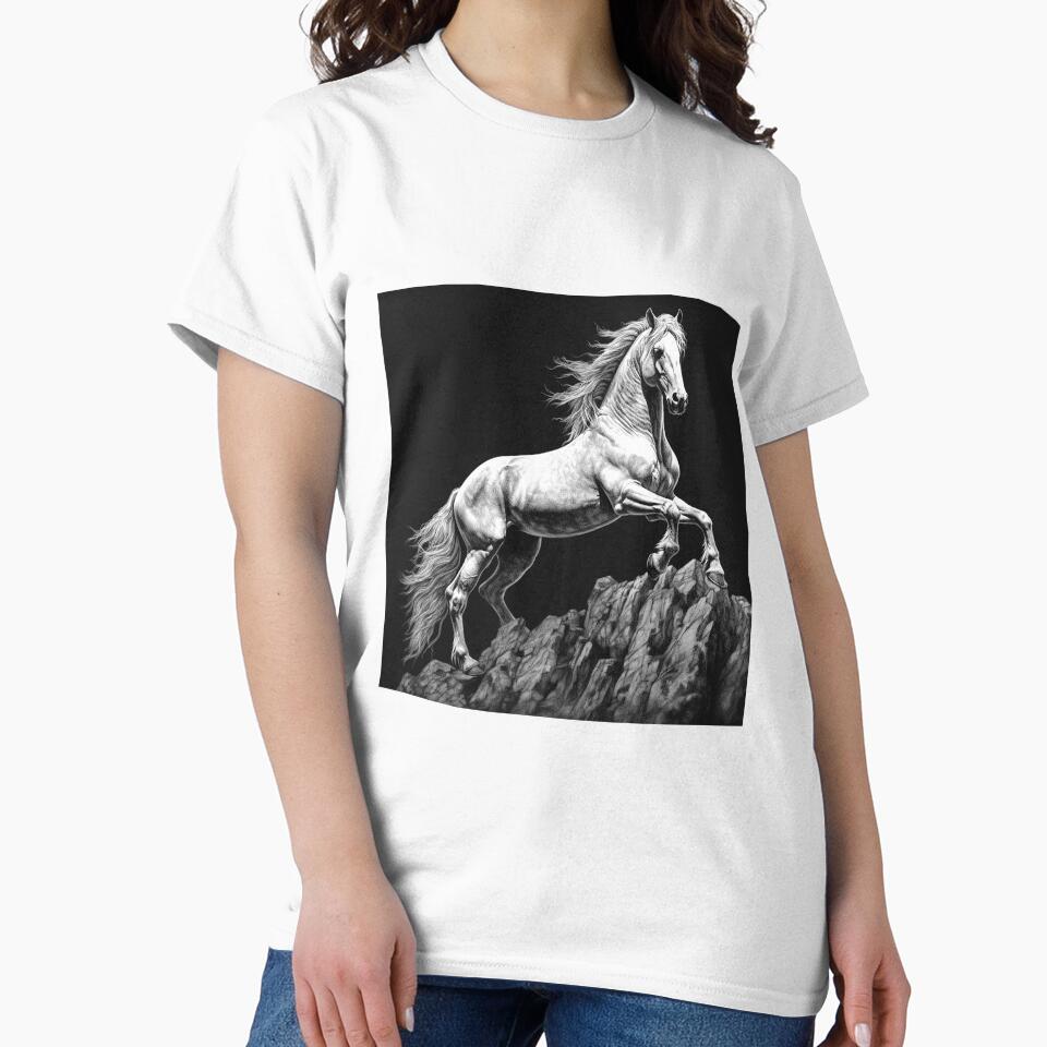 Black and White Rearing Horse on Rocky Cliff by inkoutninja