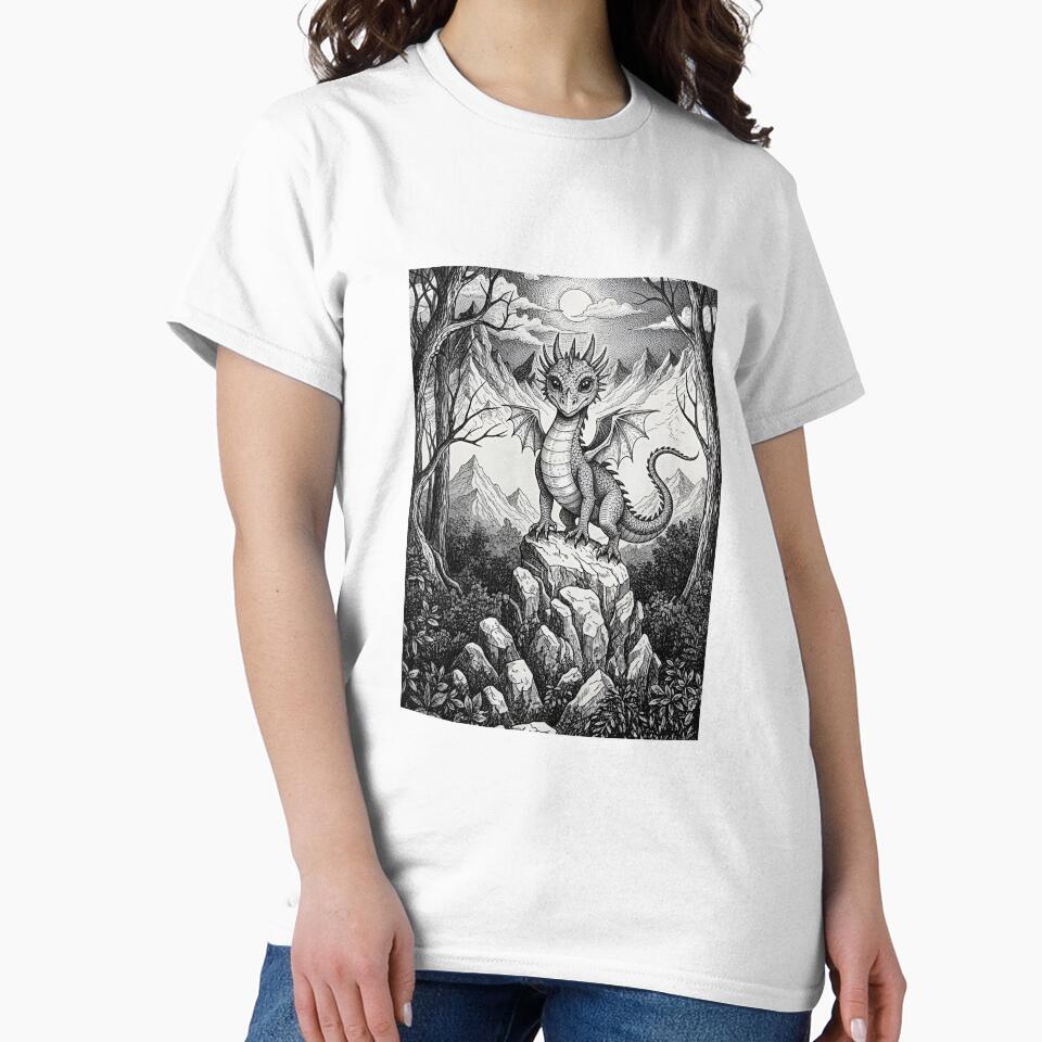 Cute Baby Dragon Standing on Rock Fantasy Creature Mountain Scene by DragonSerpent Ink