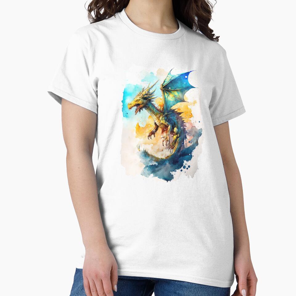 Watercolor Flying Dragon, Blue and Yelliw Colors, Cartoon Style by MoonFoxDesign