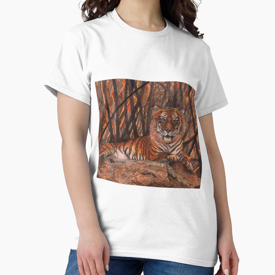 Tiger on a rock, against desert coloured grasses background by SusanAlisonArt