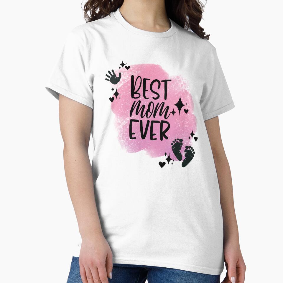 Best Mom Ever with Hand, Footprints, Hearts, Stars & Pink Background by JeweledDesigns
