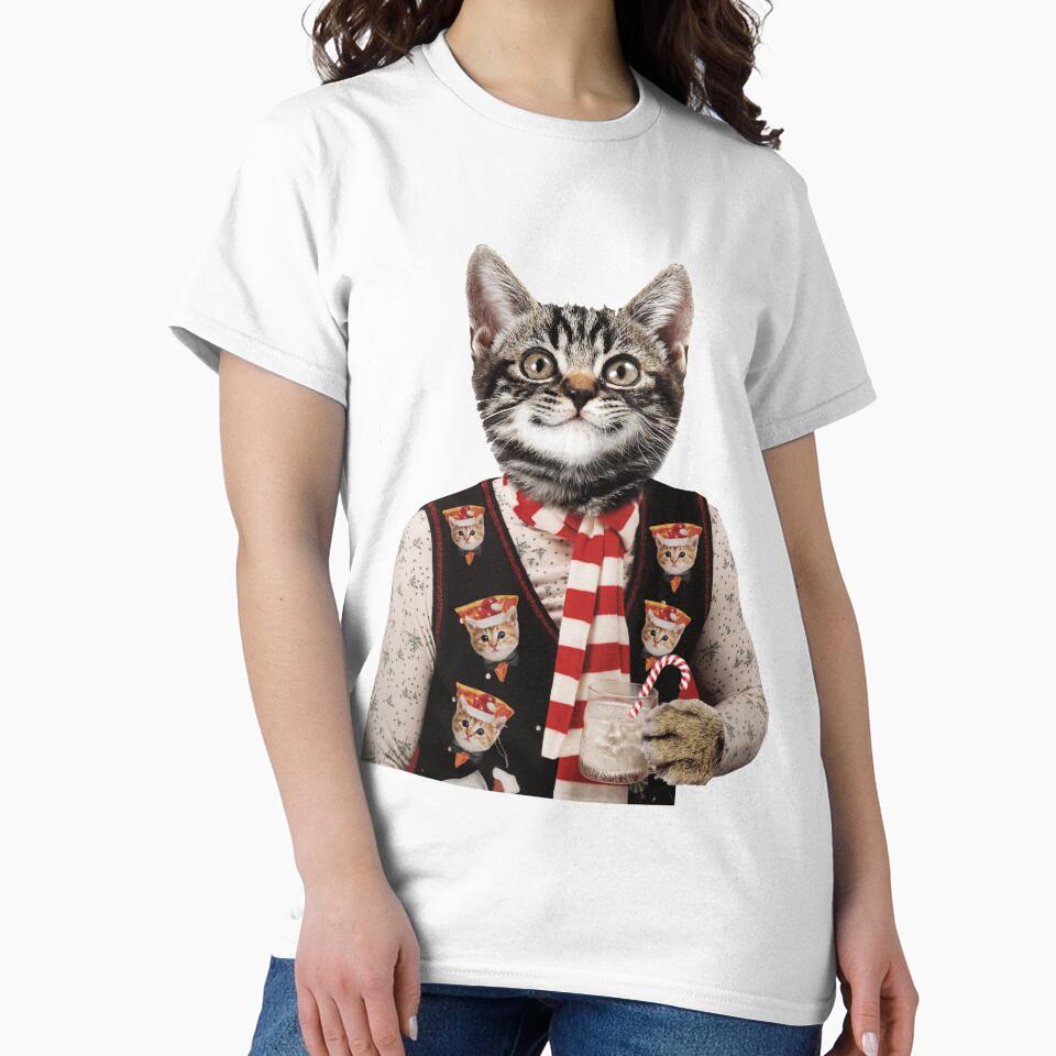 Hipster Cat Wearing Ugly Christmas Sweater With Pizza Cats On It by banwa