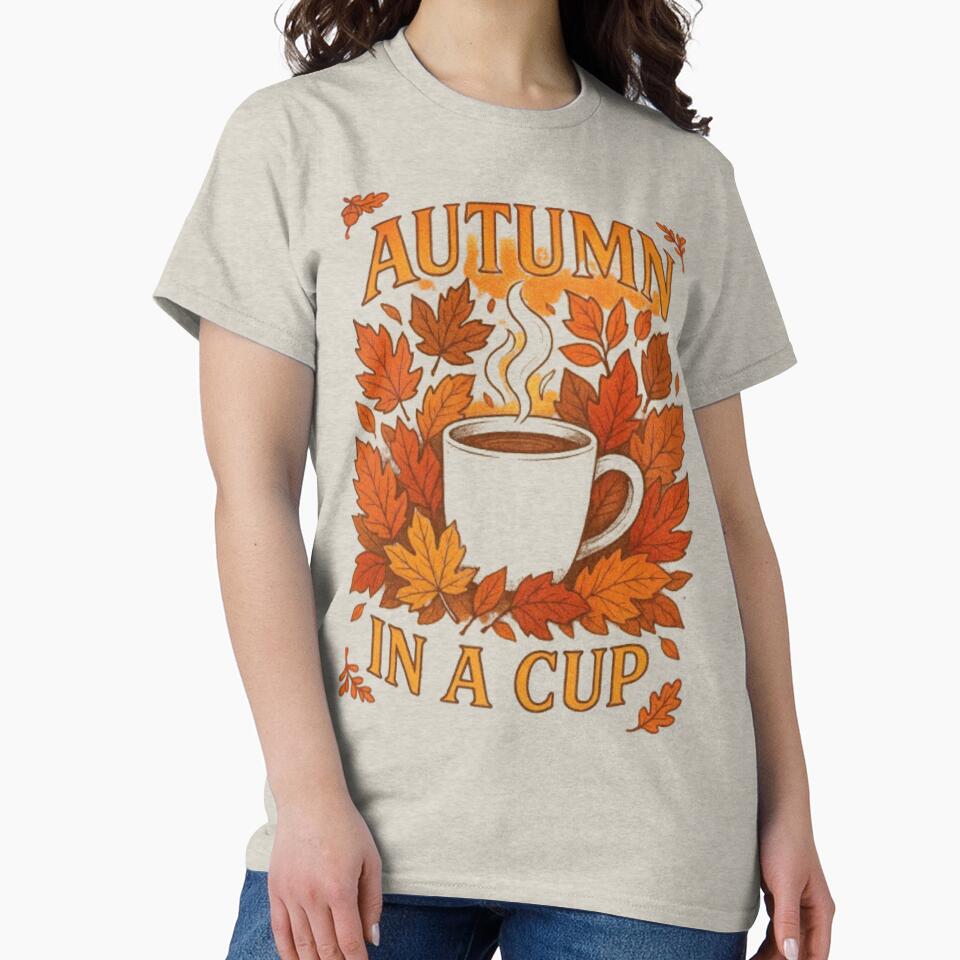 Autumn In A Cup Cozy Fall Hot Drink Leaves Seasonal Tshirt by HopeAndHustle