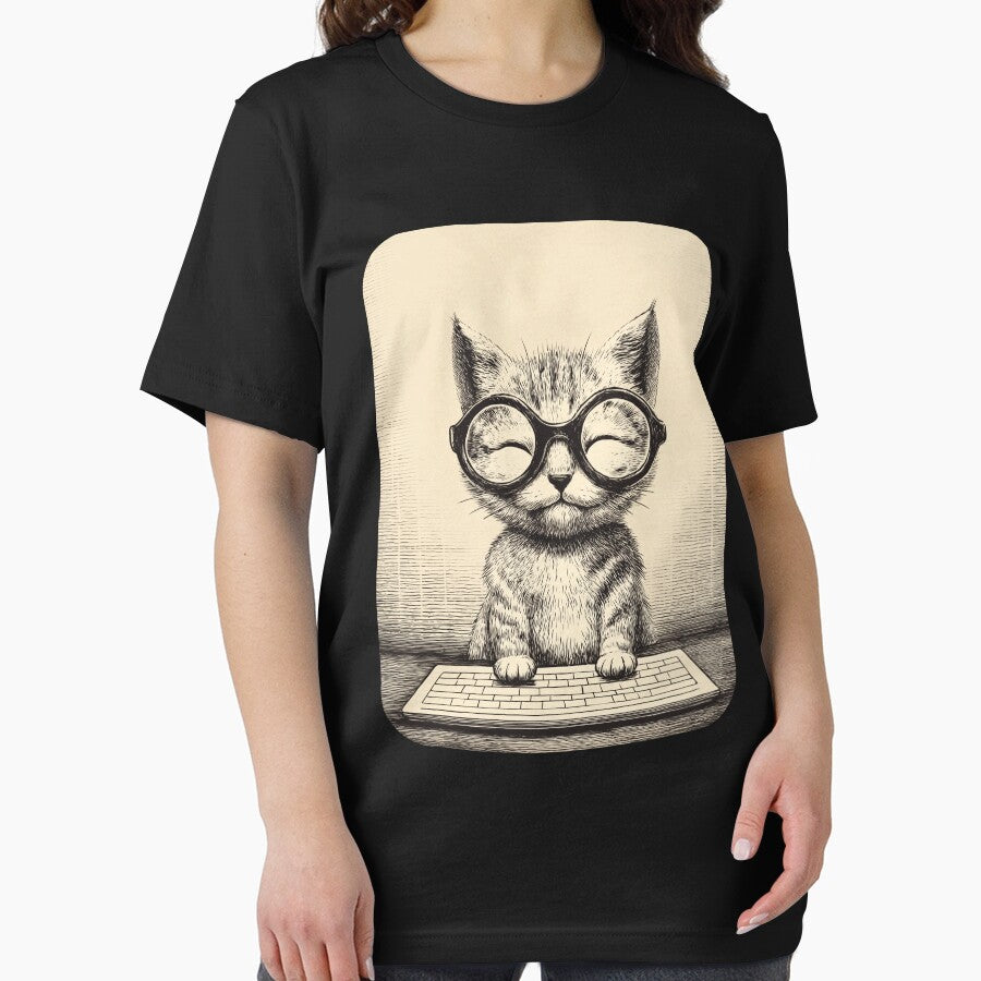 Cute Cat with Glasses Sitting at PC Funny Kawaii Tech Design by Meow-Attitude