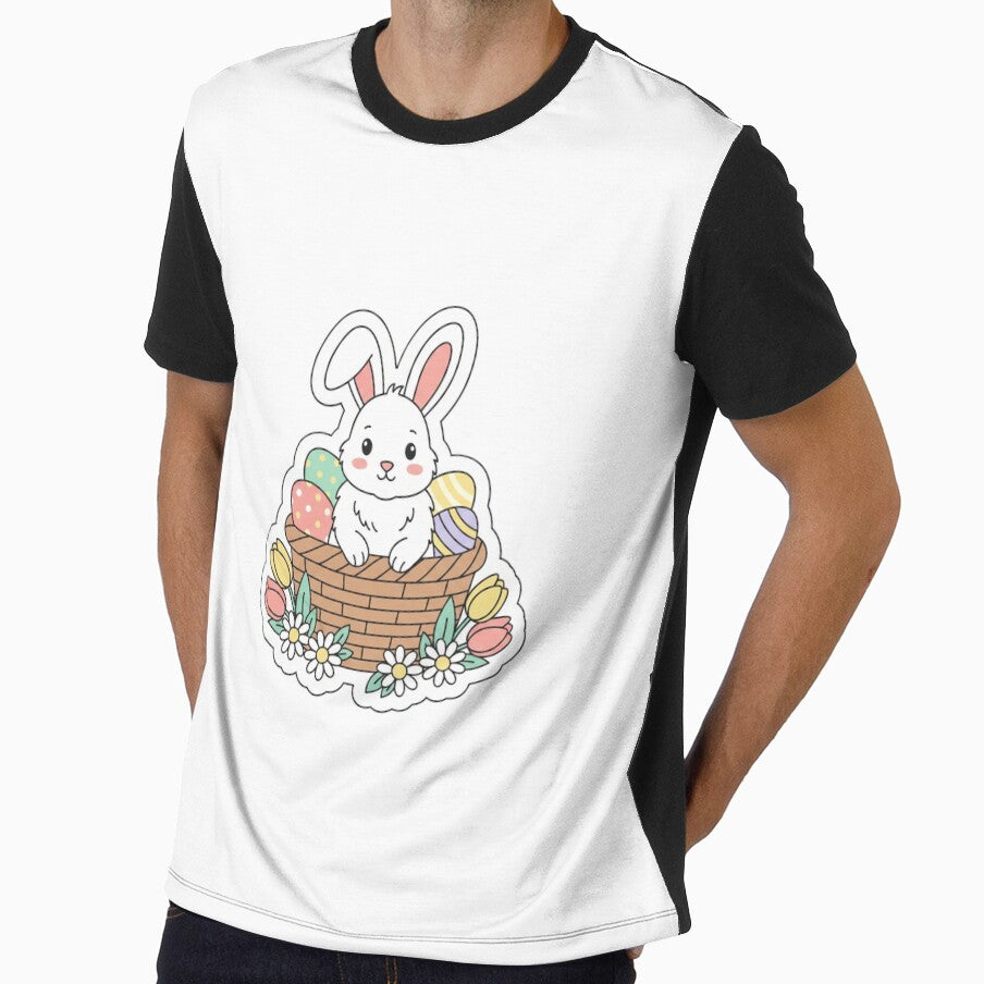 Cute Easter Bunny in Basket with Eggs and Flowers — Vector Sticker by Han-Chaeyoung