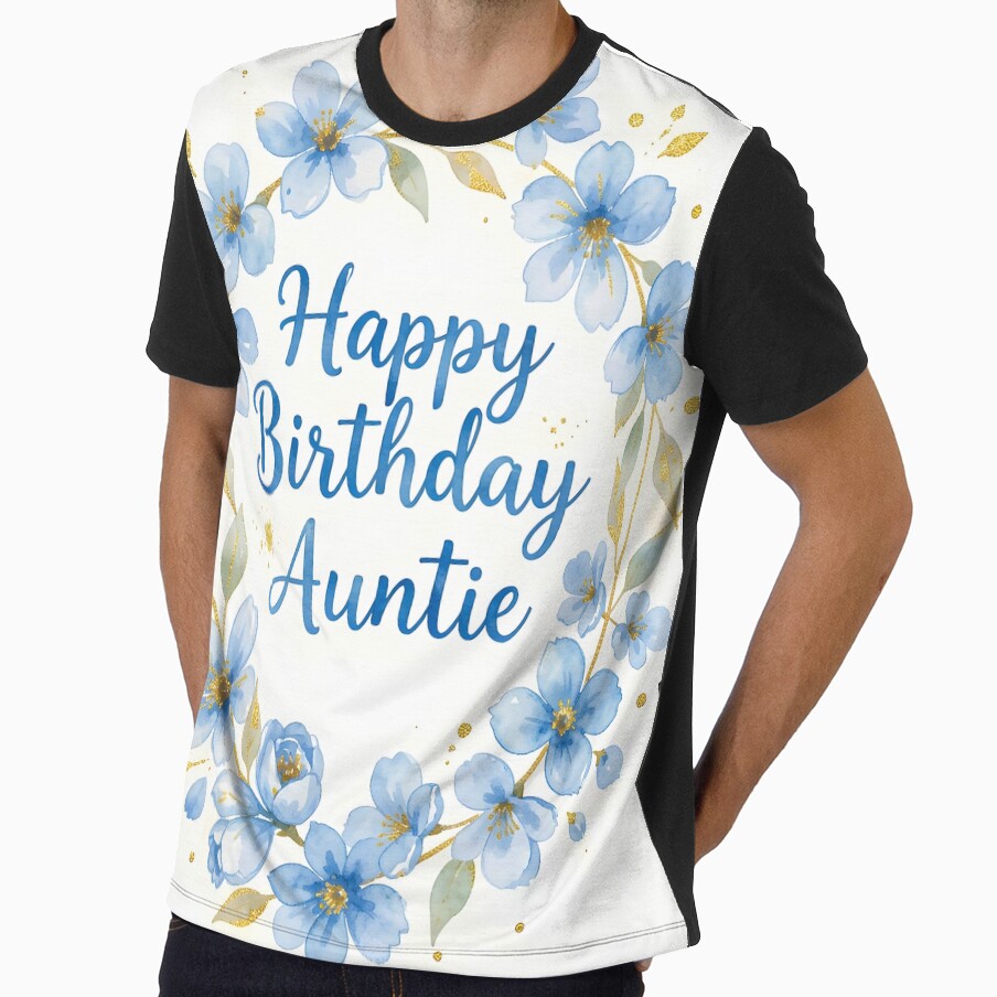 Happy Birthday Auntie – Blue Floral Gold Watercolor Wreath by EmeraldeaArt