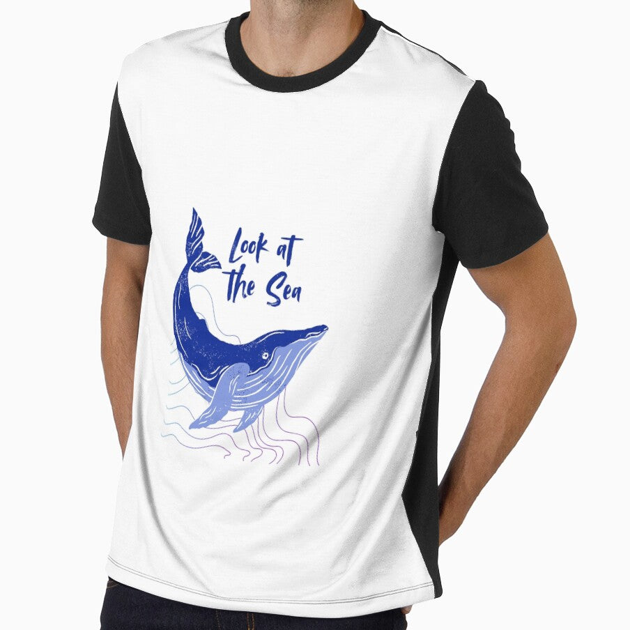 Blue Illustration Textured Stamp Whale T-Shirt by SVSocialH