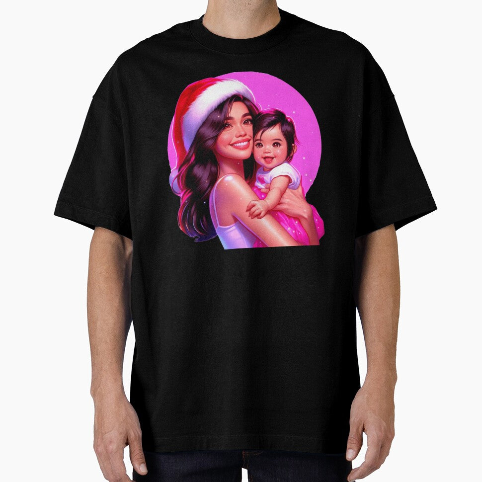 Mother and Daughter with Neon Light Background and Santa Hat by erkabees