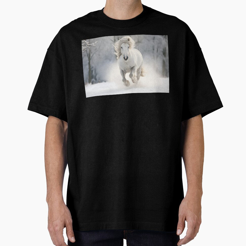 Beautiful and majestic white gray horse or gray stallion galloping in winter snow, wild and free by NBSStore