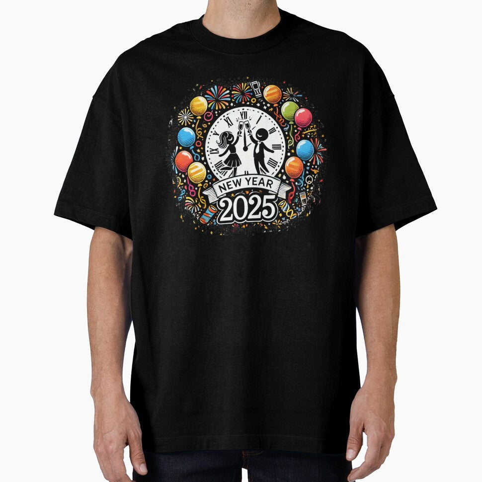 Celebrate New Year 2025 Tee - Festive Stick Figure Party by BlankCanvasHaHa