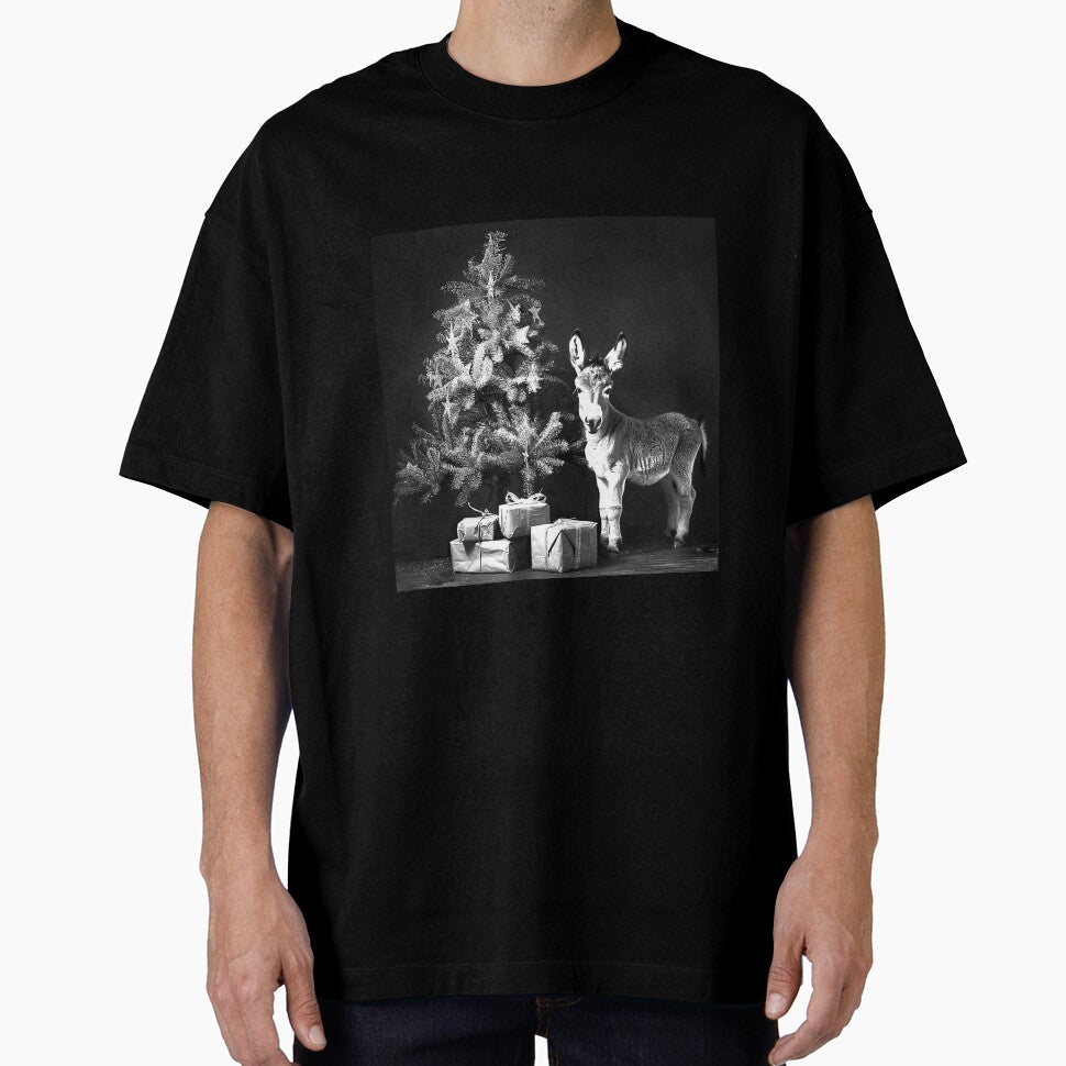 Christmas Donkey by the Tree – Black and White Rustic Holiday Art by inkoutninja