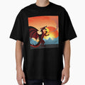 Dragon's Blaze: a fierce dragon breathing fire on the backdrop of snowcapped mountains with a setting sun by majnate