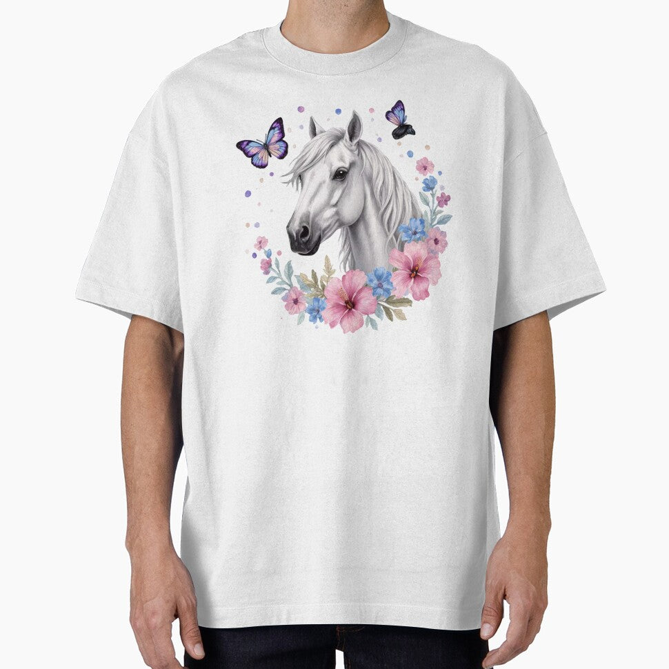 White Horse Floral With Butterflies by INKRebelGraphic