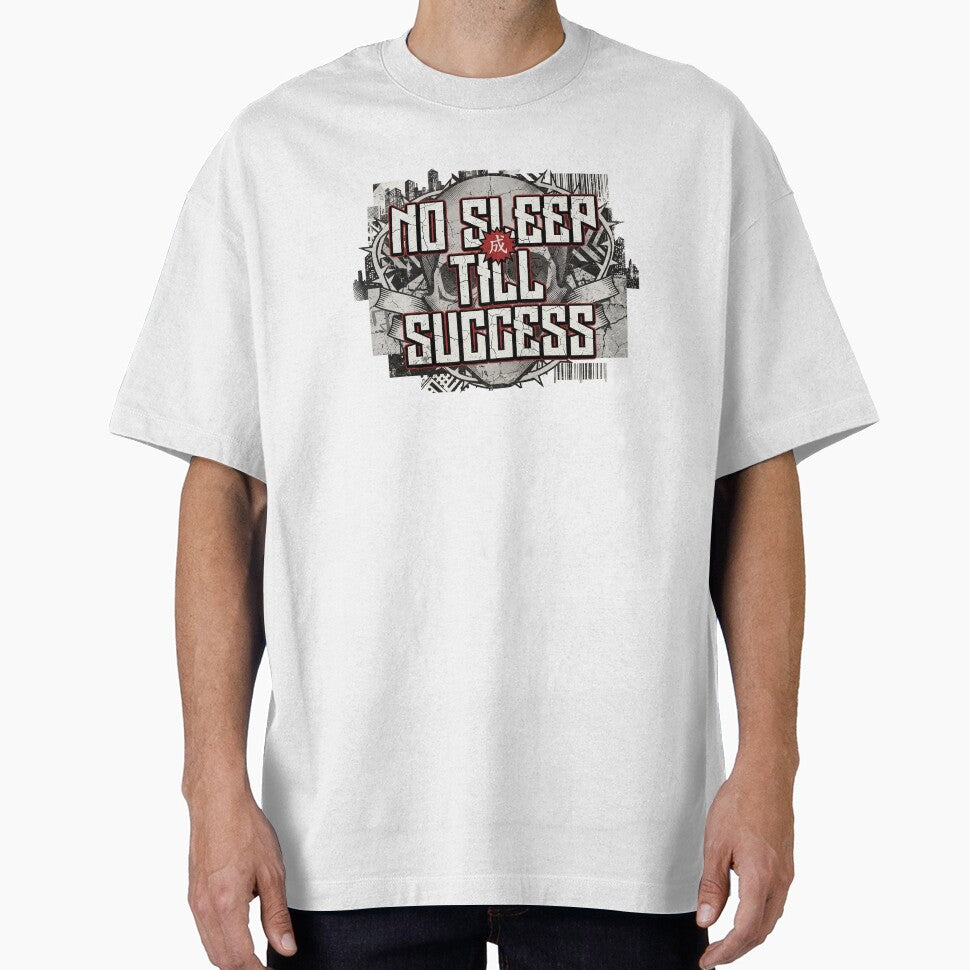 Maximalist urban design, oversized cracked-texture text "NO SLEEP TILL SUCCESS" by alex889art