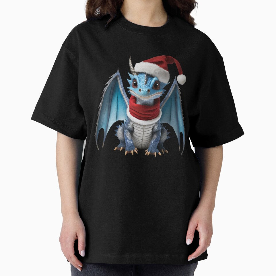 Realistic Artwork of a Cute Blue Baby Dragon Wearing a Red Festive Christmas Hat and Scarf by CuteopiaGallery