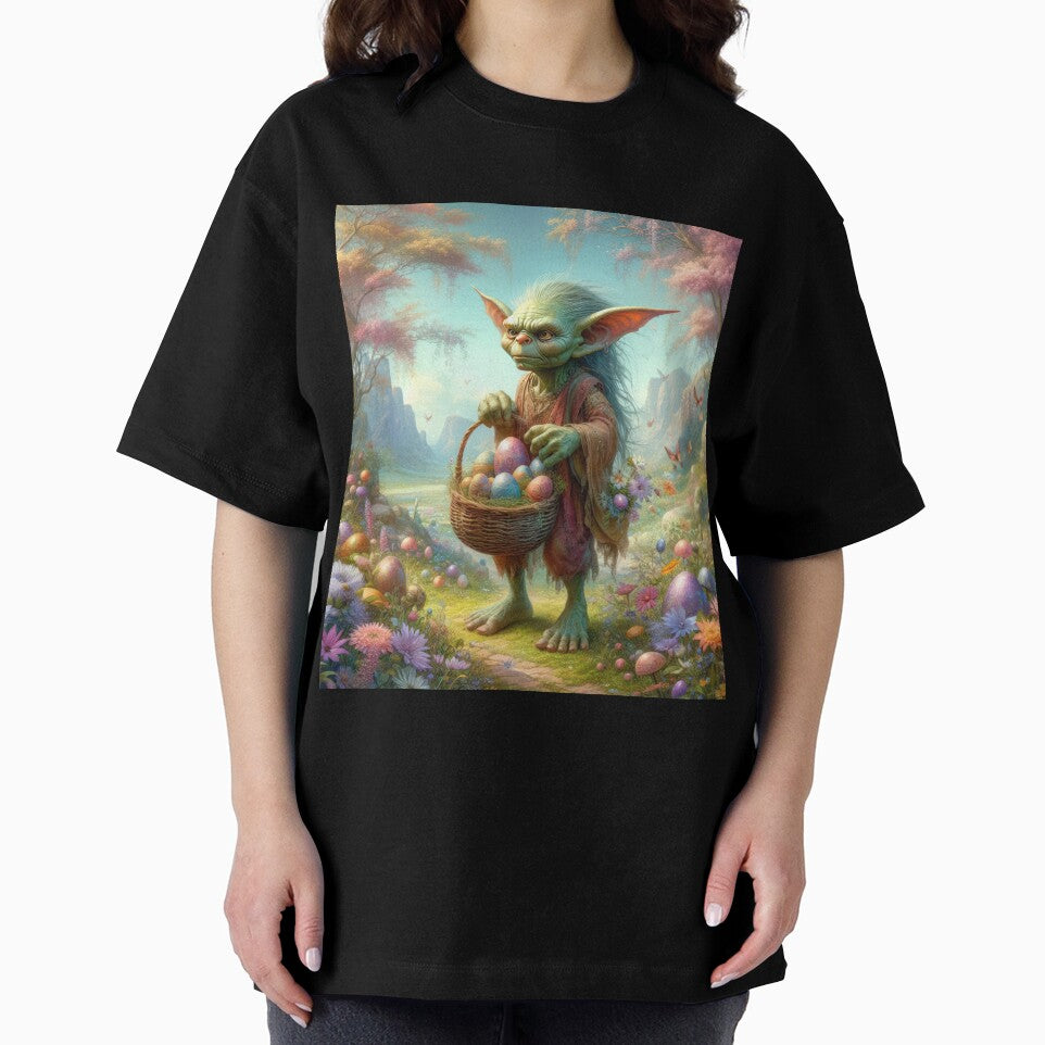 Goblin with a basket of Easter eggs in the forest flowers fantasy easter landscape by Expressions-Sel