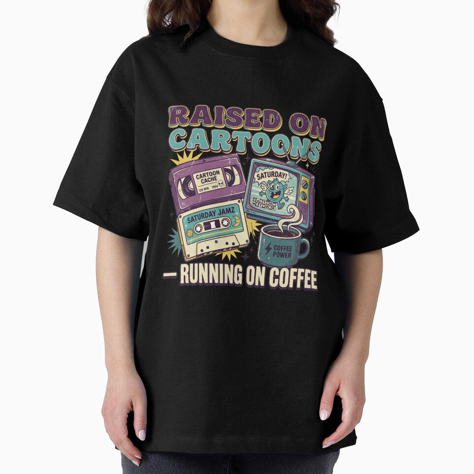 Raised On Cartoons Running On Coffee 90s Dad Retro Fathers Day Shirt by DESIGN BUREAU