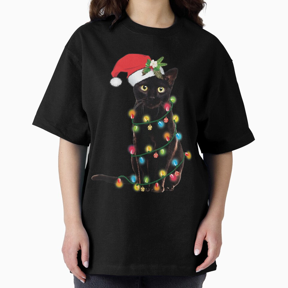 Santa Black Cat Tangled Up In Christmas Tree Lights Holiday by tronictees