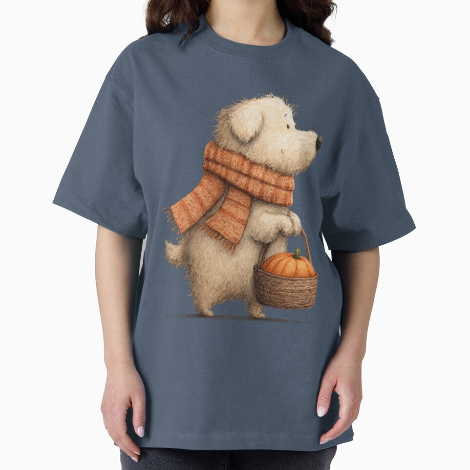 A fuzzy dog wearing a scarf carries a basket with a pumpkin. by Mauswohn